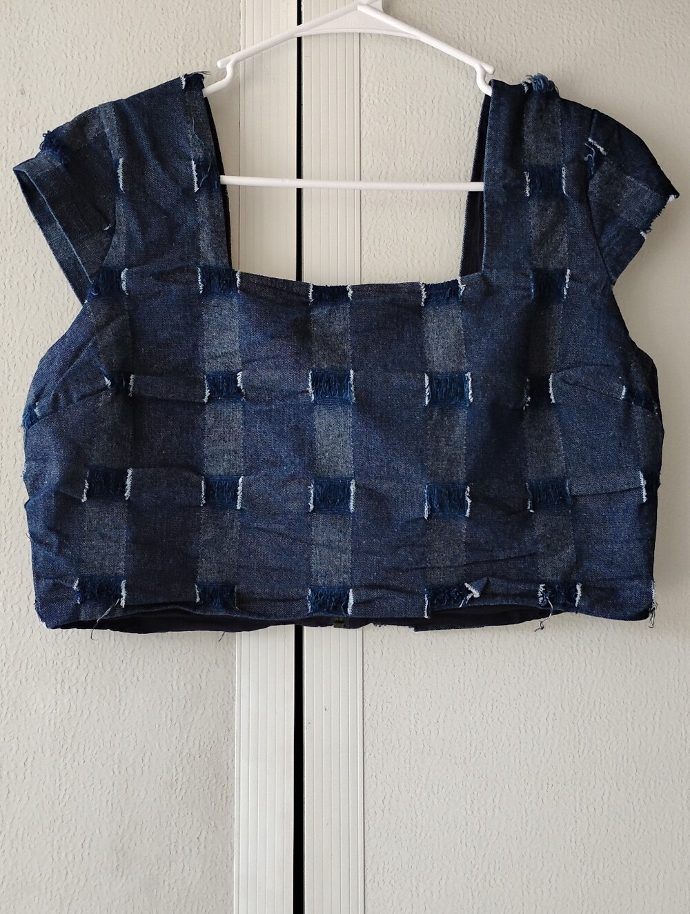 Line & Dot Indigo Patchwork Square-Neck Crop Top